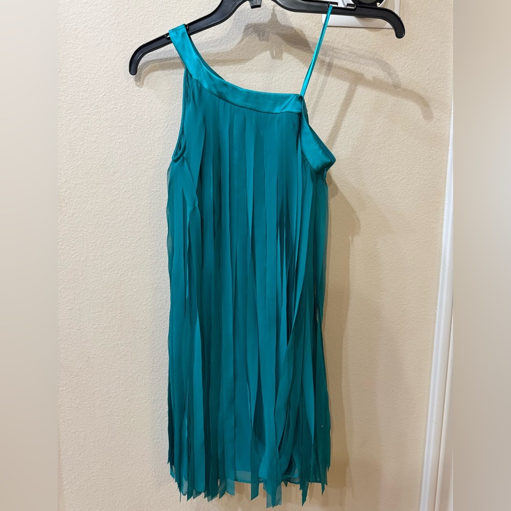 Aidan Mattox Teal One Shoulder Cocktail Mini Fringed Dress in size 4